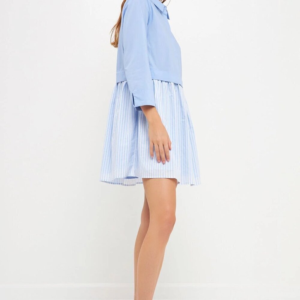 English Factory Contrast Powder Blue Striped Shirt Dress Small Coastal Summer - Picture 5 of 10